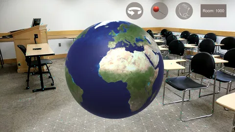 Augmented reality view of a classroom. A large model of Earth floats above the carpet between the desks, showing Europe and Africa, with small pins dropped on its surface and three control icons across the top.
