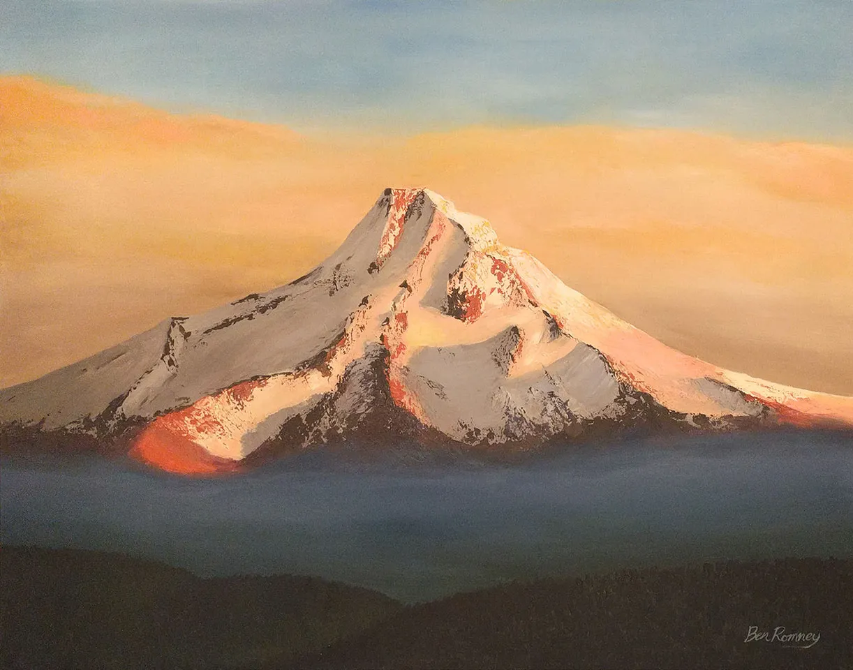Acrylic painting of Mt Hood at sunset. Warm apricot and peach sky above a snow-covered peak that catches alpenglow, with deep blue-violet shadows in the foothills and a silhouetted forest foreground.