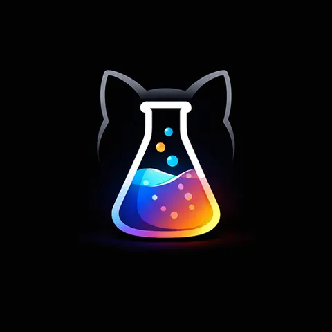 Romcat Labs logo: a glowing beaker with colorful liquid inside, framed by a stylized cat silhouette.